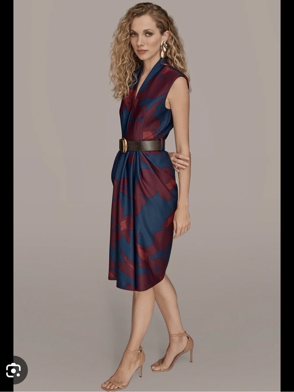 Donna Karan Blue and Berry Floral Sleeveless Midi Dress with Belt - Picture 7 of 10